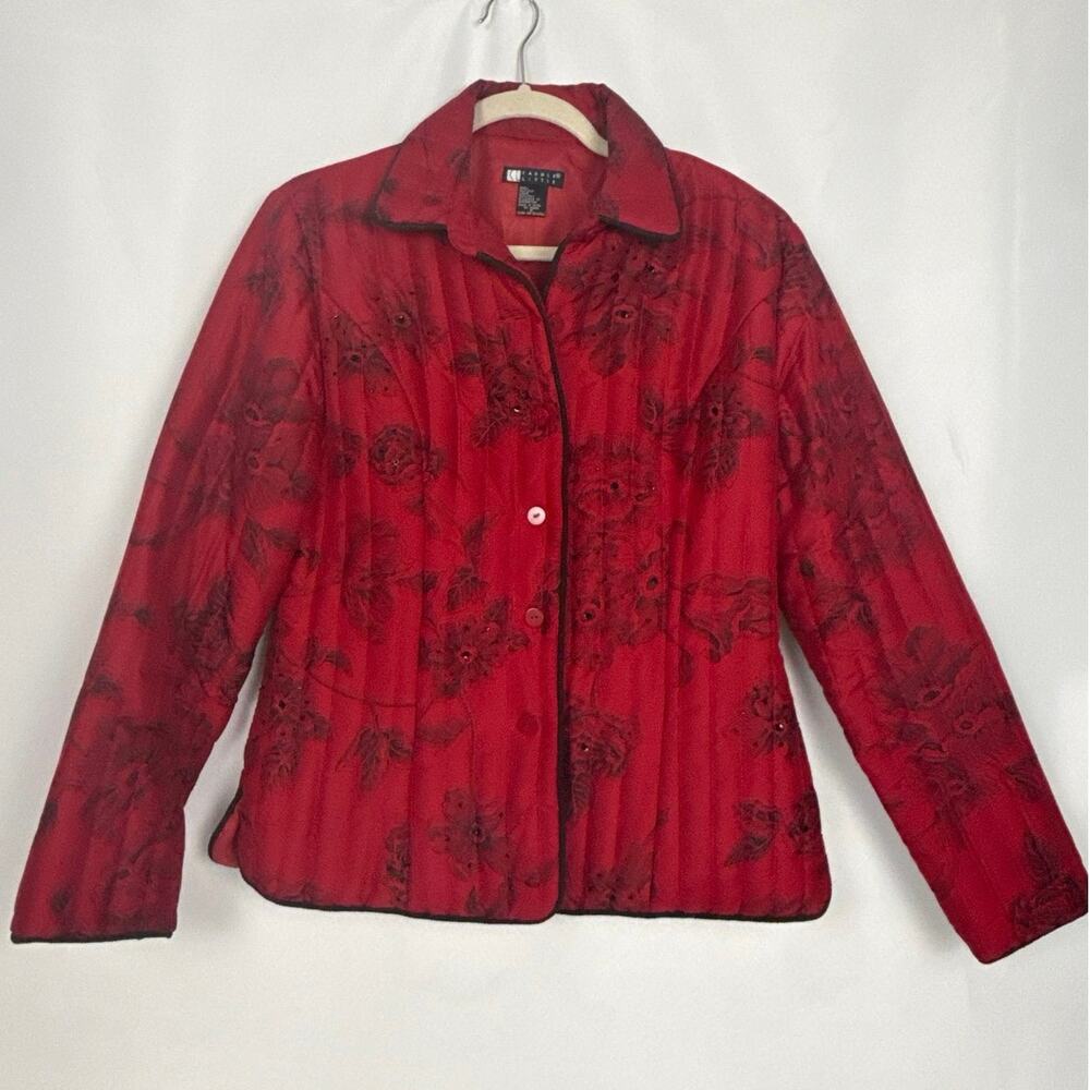Carole Little Womens Silk Quilted Floral Jacket Size M Red Black Vintage